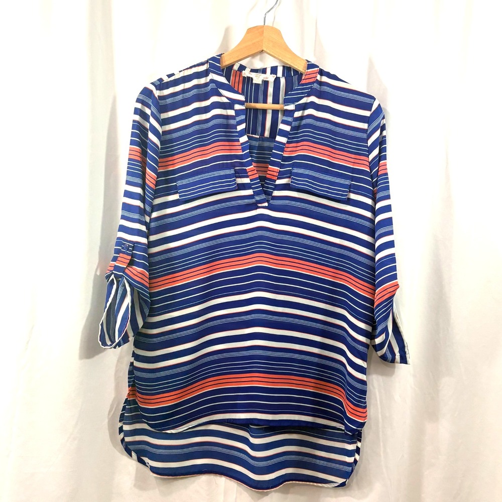 Blue, White & Coral Striped Tunic Top,‎ Career, Coastal, Beach, Size M